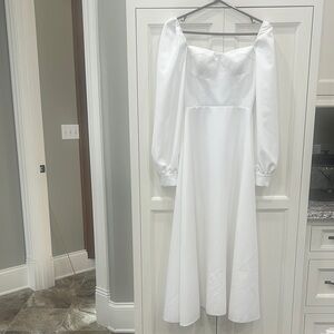 Midi Elegant White Long Sleeve Dress with Puff Sleeves   Size S (US 4)